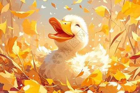 欢乐小鸭在秋叶之间高清图片