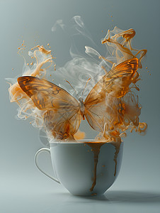 飲品咖啡杯上冒着蝴蝶状的热气设计图片