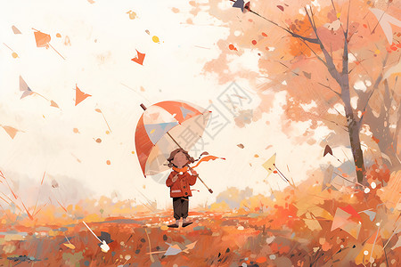 落叶的树秋天树林里的小男孩插画