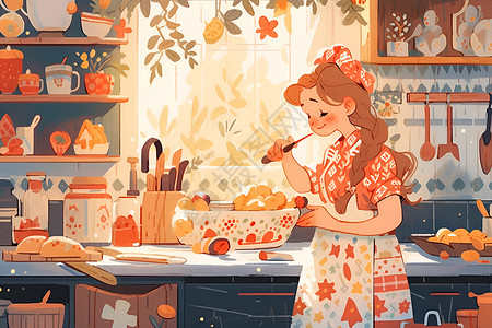 手工烘焙点心女孩在厨房里烤饼干插画