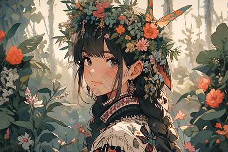 树林里的花冠女孩背景图片