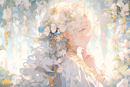 花朵阳光素材森林里的花冠女孩插画