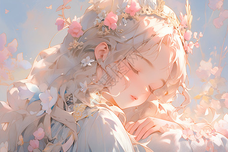 戴着花冠的女孩在阳光里睡觉高清图片