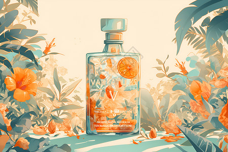 背景橙子花园中的果汁瓶插画