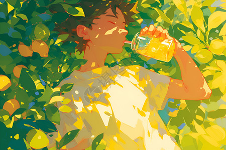 温暖的夏日午后男孩喝着饮料背景图片