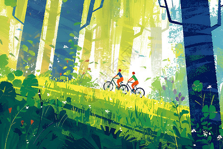 骑行情侣穿越森林的自行车情侣插画