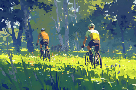 年轻人旅行骑行森林中的年轻人插画