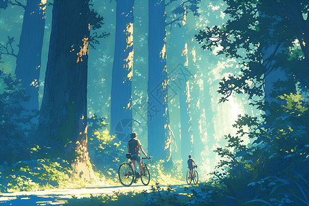 自行车阳光森林穿越古老森林的自行车之旅插画