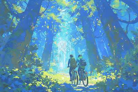 自行车阳光森林幻境森林的自行车冒险插画