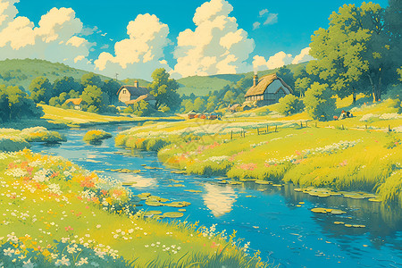 美丽的天空景色美丽的河畔景色插画