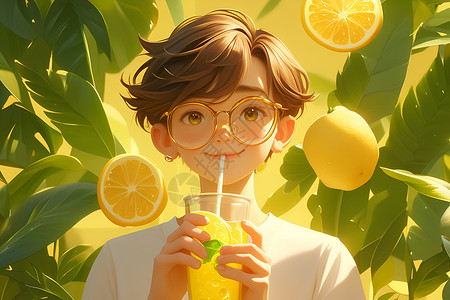 新鲜柠檬水清新夏日男孩享受柠檬水插画