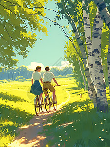 春天之旅幸福的双人自行车之旅插画