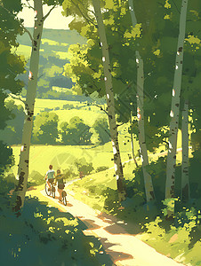 恋人穿越森林的自行车之旅插画