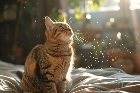 阳光与猫猫咪凝视着空中背景