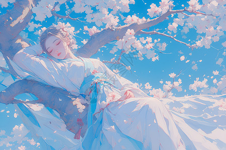 梦幻桃花树下的白衣女子背景图片