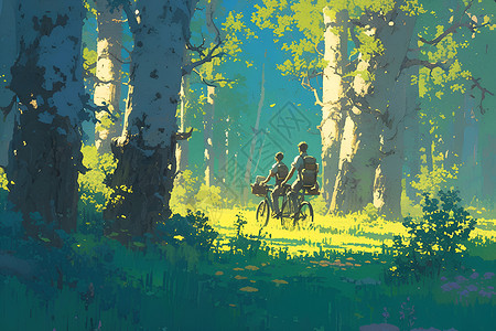 森林中探险骑行的男孩背景图片