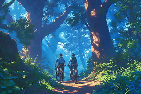森林小路上骑行的男孩背景图片