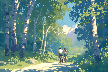 森林中骑行的情侣背景图片