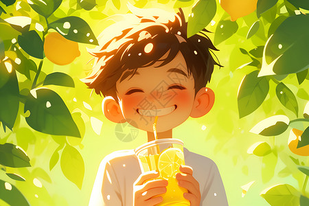 水养植物拿着柠檬水的可爱男孩插画