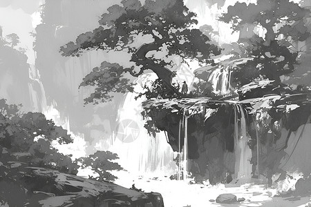 绘画的山间瀑布背景图片