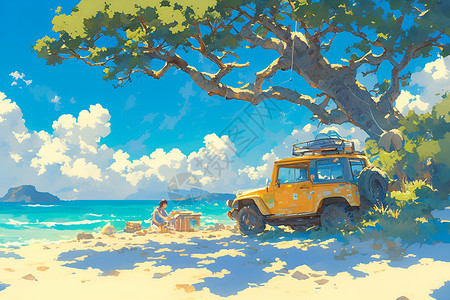 海边野餐海滩上的露营的汽车插画