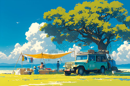 汽车家庭海滩上露营的家庭和汽车插画