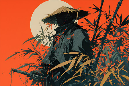 竹帽戴着锥形帽的男人插画