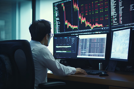 股票交易员坐在电脑前面的员工背景