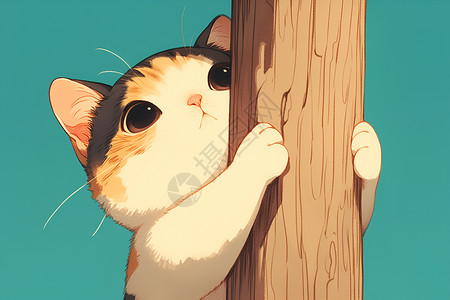 猫咪在攀爬木柱插画