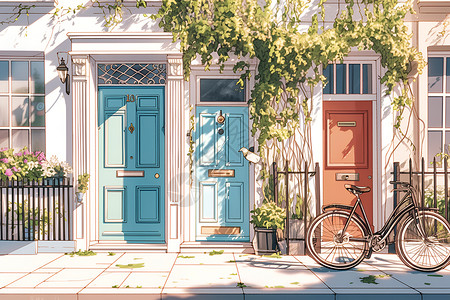 自行车停在房子前高清图片