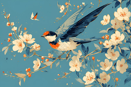 牡丹花上的小鸟花枝上的小鸟插画