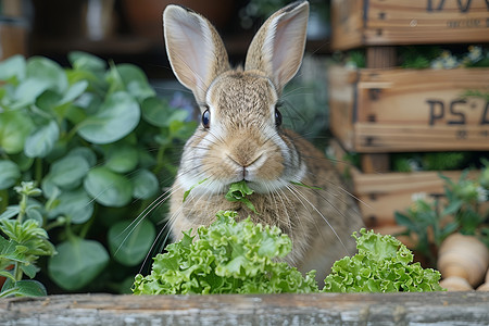 蹲着的小兔可爱的小兔吃着青菜背景