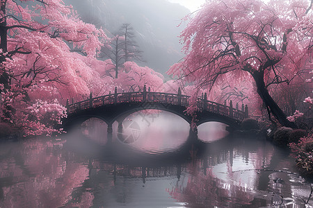 云雾中的桥美丽樱花桥背景