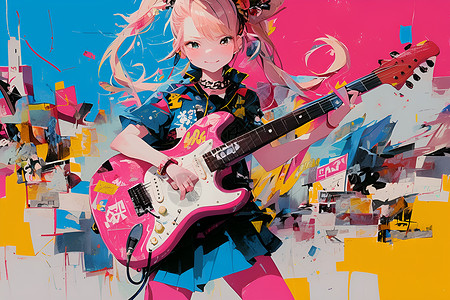 芬达电吉他抱着电吉他的女孩插画
