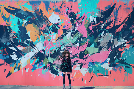 街头涂鸦墙下的时尚女孩背景图片