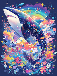 魔幻海洋彩虹海洋中的魔幻鲨鱼插画