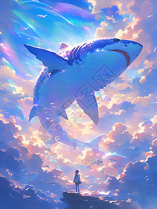 云彩中的彩虹奇幻海洋中的彩虹之鲨插画