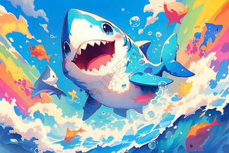 卡通鲨鱼快乐的彩虹鲨插画