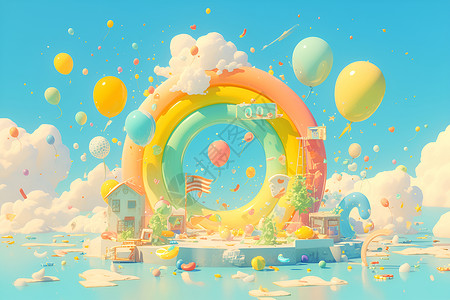 彩色圆环蓝天白云下的气球圆环插画