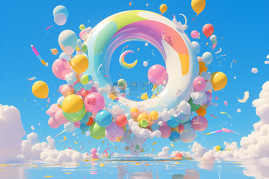 梦幻的蓝天白云气球图片