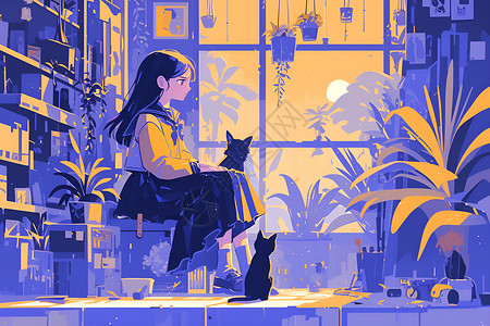 窗前的人窗前的猫咪和人插画
