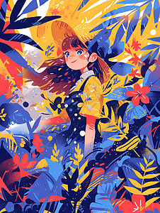 彩色叶子围绕女孩背景图片