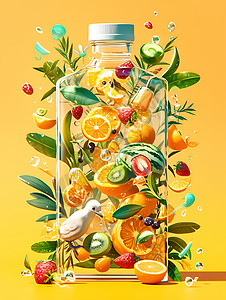板材与果子瓶子与果汁插画