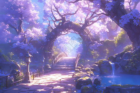粉紫樱花园的梦幻桥景高清图片