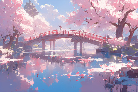 桥梁边的粉色树木背景图片