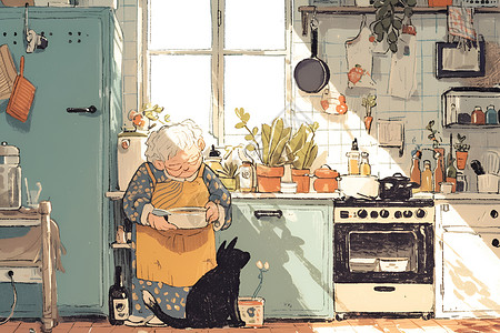 老人美食素材厨房忙碌的奶奶插画