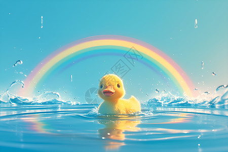 彩虹水水面上的小鸭子插画