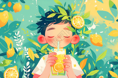 喝柠檬水柠檬喝饮品的孩子插画