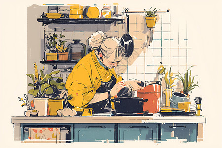 太太厨房中的奶奶插画