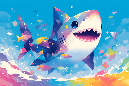 彩虹花海可爱的彩虹鲨鱼插画
